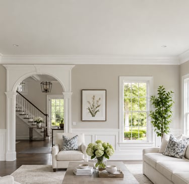Custom crown molding, built-in shelving, wainscoting, and arched doorway in a Monmouth County NJ liv