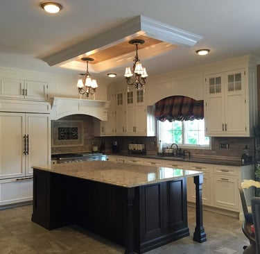 Custom crown molding and ceiling trim installed in a Monmouth County NJ kitchen