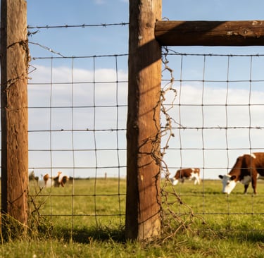 a fenced in area with cows grazing in the grass