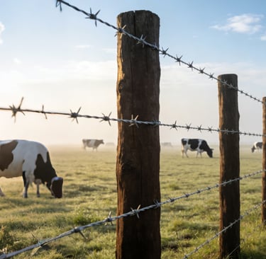 a cow grazing in a field with barbed wire fence fenced in