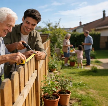 a man and woman are standing in a yard