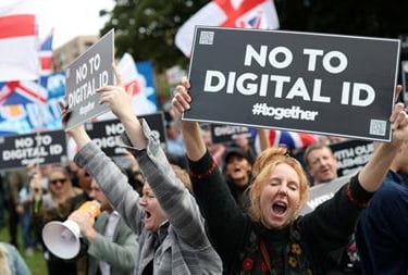 A group of people demonstrating and holding up banners saying no to digital i.d. #together