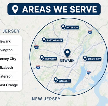 Service area map for New Jersey featuring Newark, Jersey City, Paterson, Elizabeth, and East Orange.