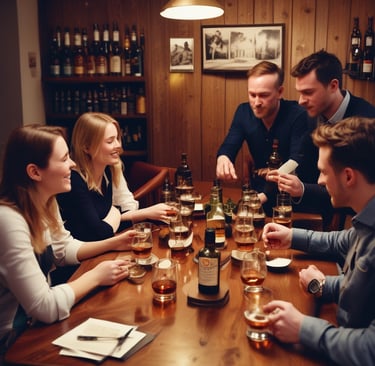 A group of friends enjoying a whiskey tasting experience at a rustic wooden bar with premium bottles.