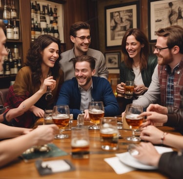 A group of happy friends laughing and drinking craft beer at a rustic pub table.