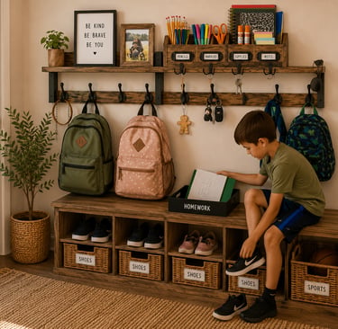 "Entryway drop zone with backpack hooks, shoe storage bench, and homework station for busy families.