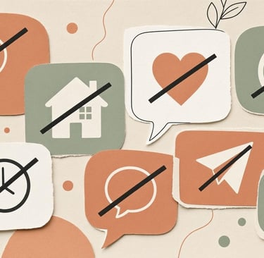 several speech bubbles featuring icons or phrases crossed out with a line (indicating “false”), set