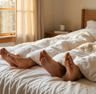 Two pairs of adult feet beneath white sheets, with morning light gently streaming in through a win