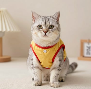 Un adorable gato atigrado plateado con chaleco acolchado amarillo para mascotas con ribete rojo
