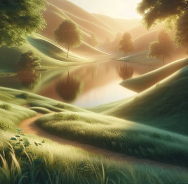 Praderas verdes y aguas tranquilas bajo luz suave, evocando descanso, cuidado y serenidad interior.