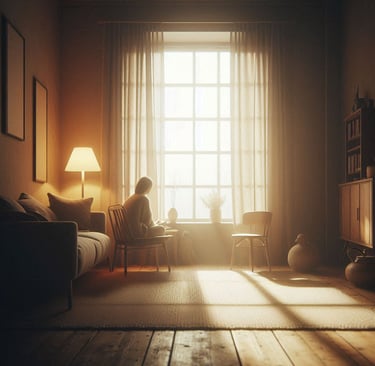 Persona mirando por una ventana con luz natural suave, en un momento de reflexión y cuidado interior.