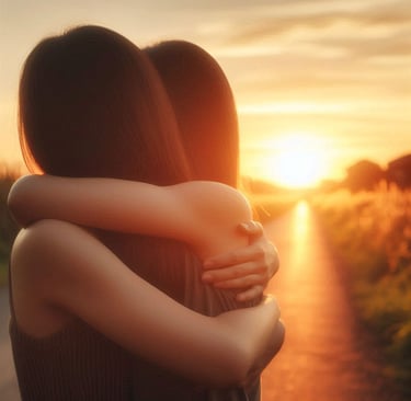 Dos personas abrazándose en un camino rural al atardecer, gesto de acogida y reconciliación.