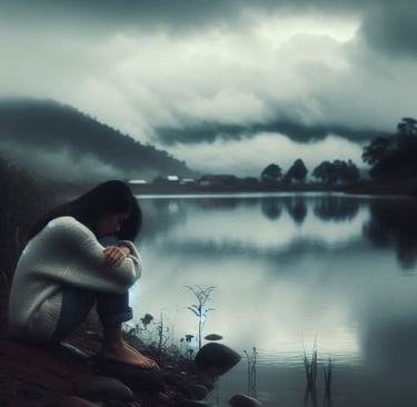 Persona sentada junto al agua en un paisaje nublado, expresando tristeza contenida y esperanza.