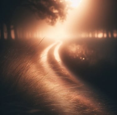 Camino tranquilo iluminado por luz suave de mañana, símbolo de vivir el presente con calma.