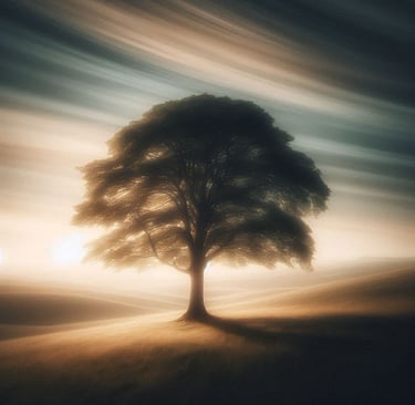Árbol solitario en un paisaje amplio, representando el paso del tiempo y los ciclos de la vida.