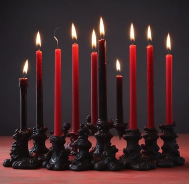 Dark purple candles arranged in a circle, their light flickering through a haze of smoky fog.