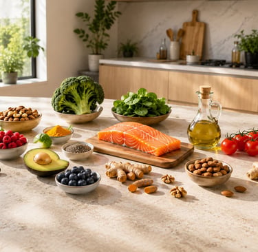 Alimentos anti-inflamatórios naturais sobre bancada de cozinha