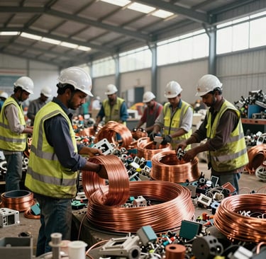 An organized modern industrial recycling yard in Tiruppur, South Asian / Indian setting. Workers in high-visibility jackets and helmets are systematically sorting copper wires and electrical components. The environment is clean and professional, with bright natural daytime lighting.