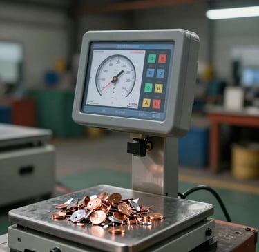 A close-up shot of a modern, heavy-duty digital industrial scale displaying precise measurements of sorted copper and aluminum scrap in a South Asian / Indian facility. Sharp, clean lighting highlighting the professional process.