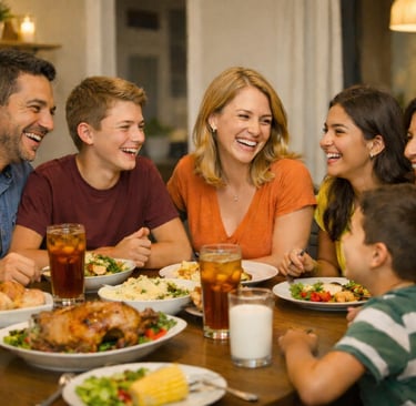 Happy family eating dinner