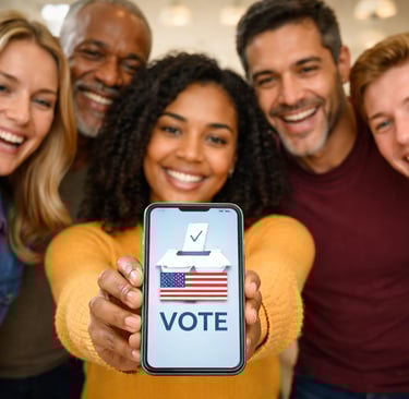 People croweded around a phone that has a ballot box on it and it says vote