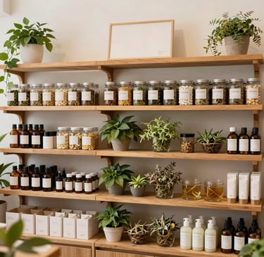 A cozy, clean workspace with natural products and green plants, reflecting a healthy lifestyle.