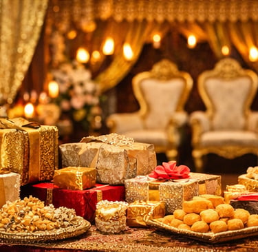 Luxury trousseau packing setup with silk sarees and jewelry – Noida weddings