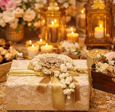  Luxury bridal gift hampers for Delhi NCR weddings with elegant wrapping and floral accents.