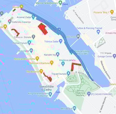 A map of Zadar, showing parking in Zone 1