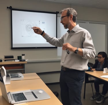 A teacher using a tablet in a bright classroom filled with engaged students.