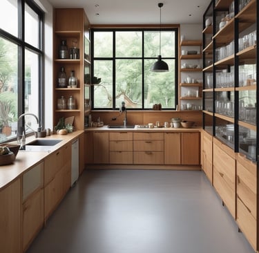 A cozy, custom-built wooden kitchen cabinet with warm lighting highlighting the craftsmanship.