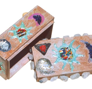 upcycled wooden tea box decorated with painted designs, beads and quartz crystal chunks