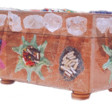upcycled wooden tea box decorated with painted designs, beads and quartz crystal chunks