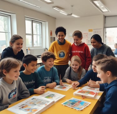 Smiling children holding flags representing different languages during a cultural event