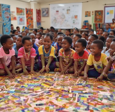 Children engaged in a lively cultural workshop with colorful decorations in Africa