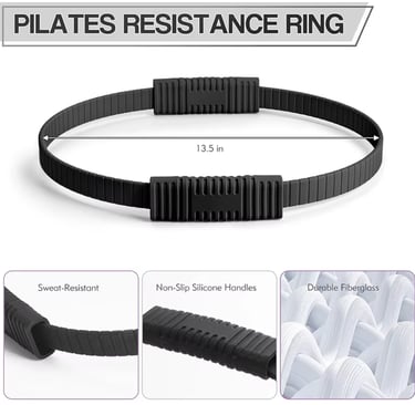 Black Pilates resistance ring with 13.5-inch diameter and non-slip silicone handles, made of durable, sweat-resistant