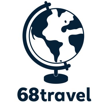 68travel company logo featuring a dark blue world globe icon and minimalist text.
