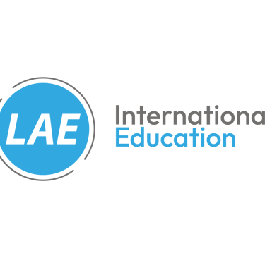 LAE International Education logo with blue circle and gray text on a black background.