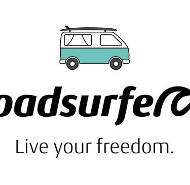 Roadsurfer logo Minimalist teal and white vintage camper van illustration on a black background.