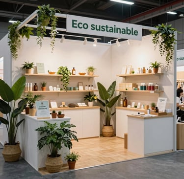 An elegant exhibition booth featuring modern branding and vibrant green accents matching the company palette.