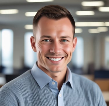 Portrait of a smiling man with short hair in a bright office setting.