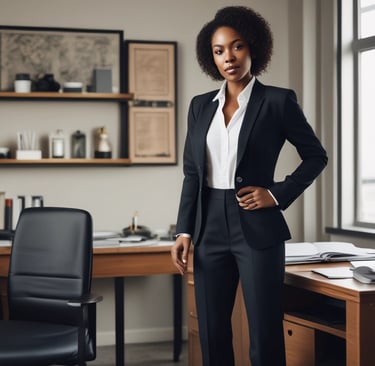 Photo of a confident man in casual business attire standing by a modern workspace.