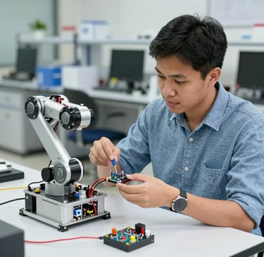 A group of professionals engaged in a hands-on technical workshop, surrounded by modern tech devices.