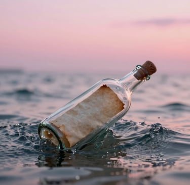 A message in a glass bottle floating on ocean waves during a sunset with text on aged paper.