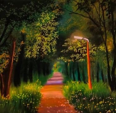 A forest path lit by a warm street light. Original soft pastel painting by Geeta Arya