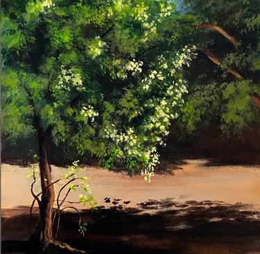 Sunlight filters through foliage creating dappled shadows on a path. Shade-An Invitation, original painting by Geeta Arya.