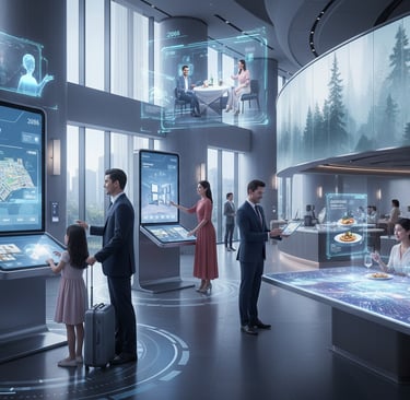 Futuristic hotel lobby featuring interactive digital kiosks and holographic displays for smart guest services.