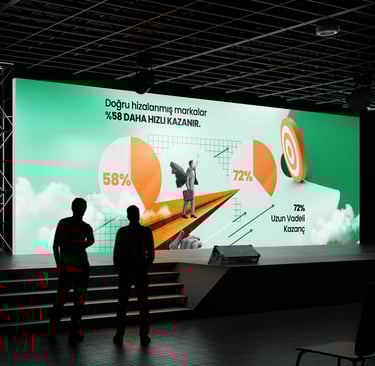 Kurumsal etkinliklerde kullanılan büyük ölçekli sahne ekranı ve veri odaklı sunum tasarımı
