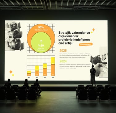Yatırım, büyüme ve ciro artışını anlatan profesyonel sunum tasarımı ve sahne uygulaması