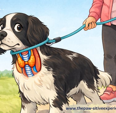 Illustration showing pressure from a slip lead on a dog’s neck, highlighting sensitive structures in the throat area.